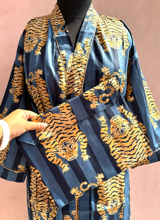 Navy Blue Leopard Cotton Kimono Robe