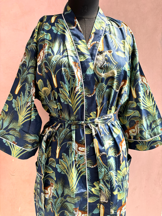 Navy Monkey Jungle Cotton Kimono Robe