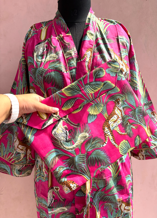 Pink Monkey Jungle Cotton Kimono Robe