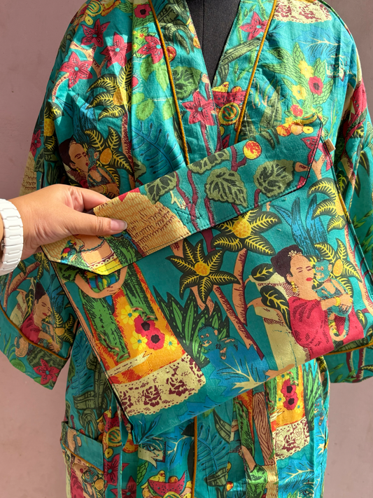 Teal Frida Cotton Kimono Robe