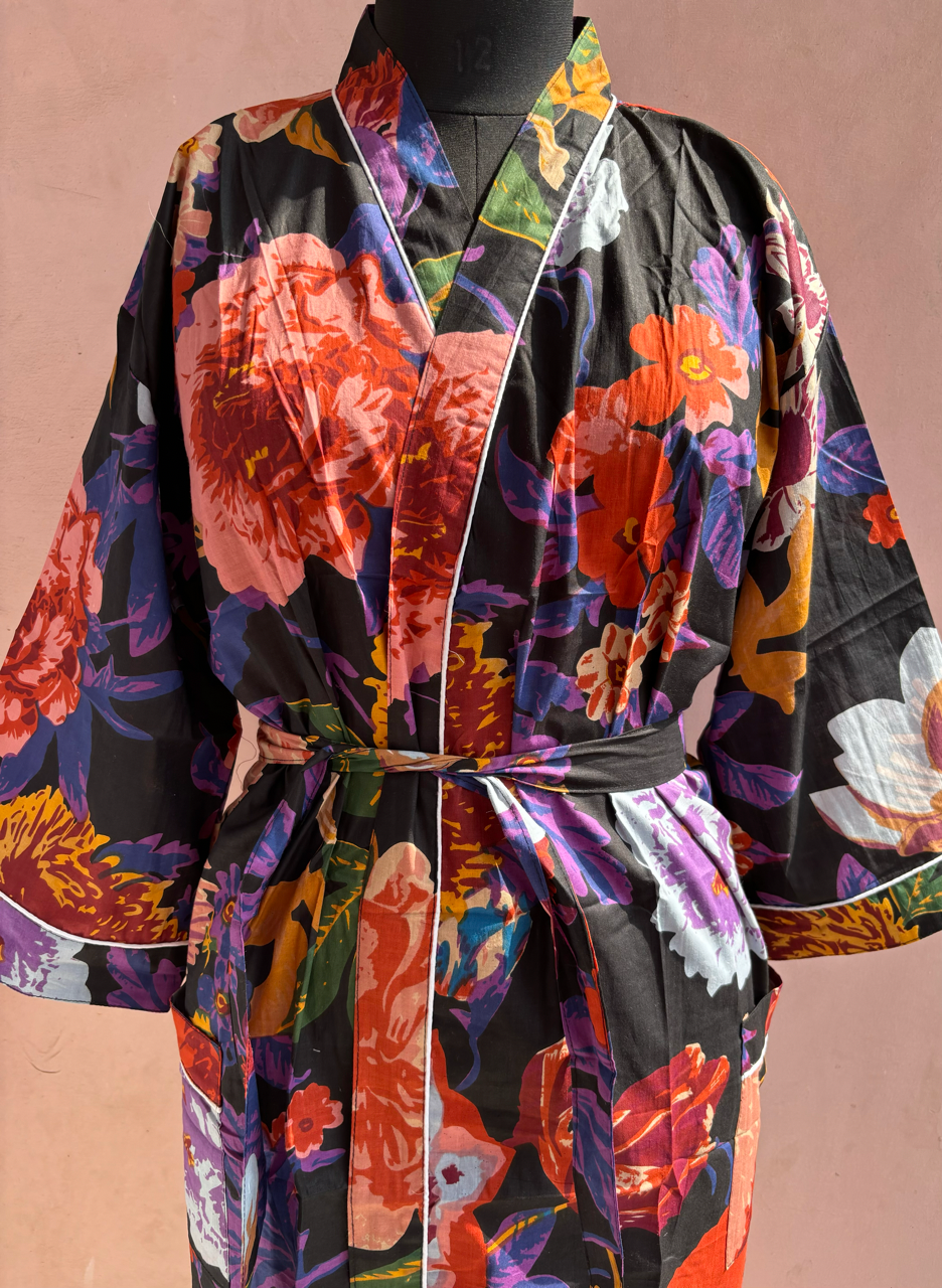 Black Garden Cotton Kimono Robe