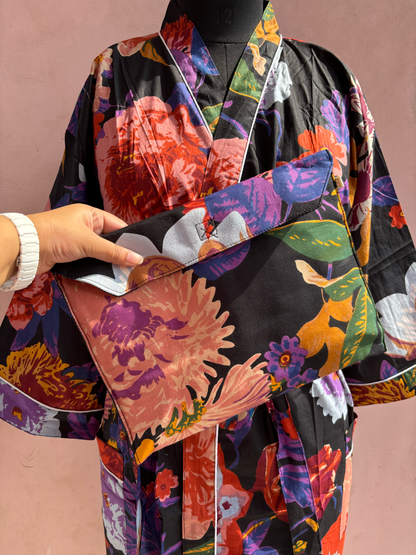 Black Garden Cotton Kimono Robe