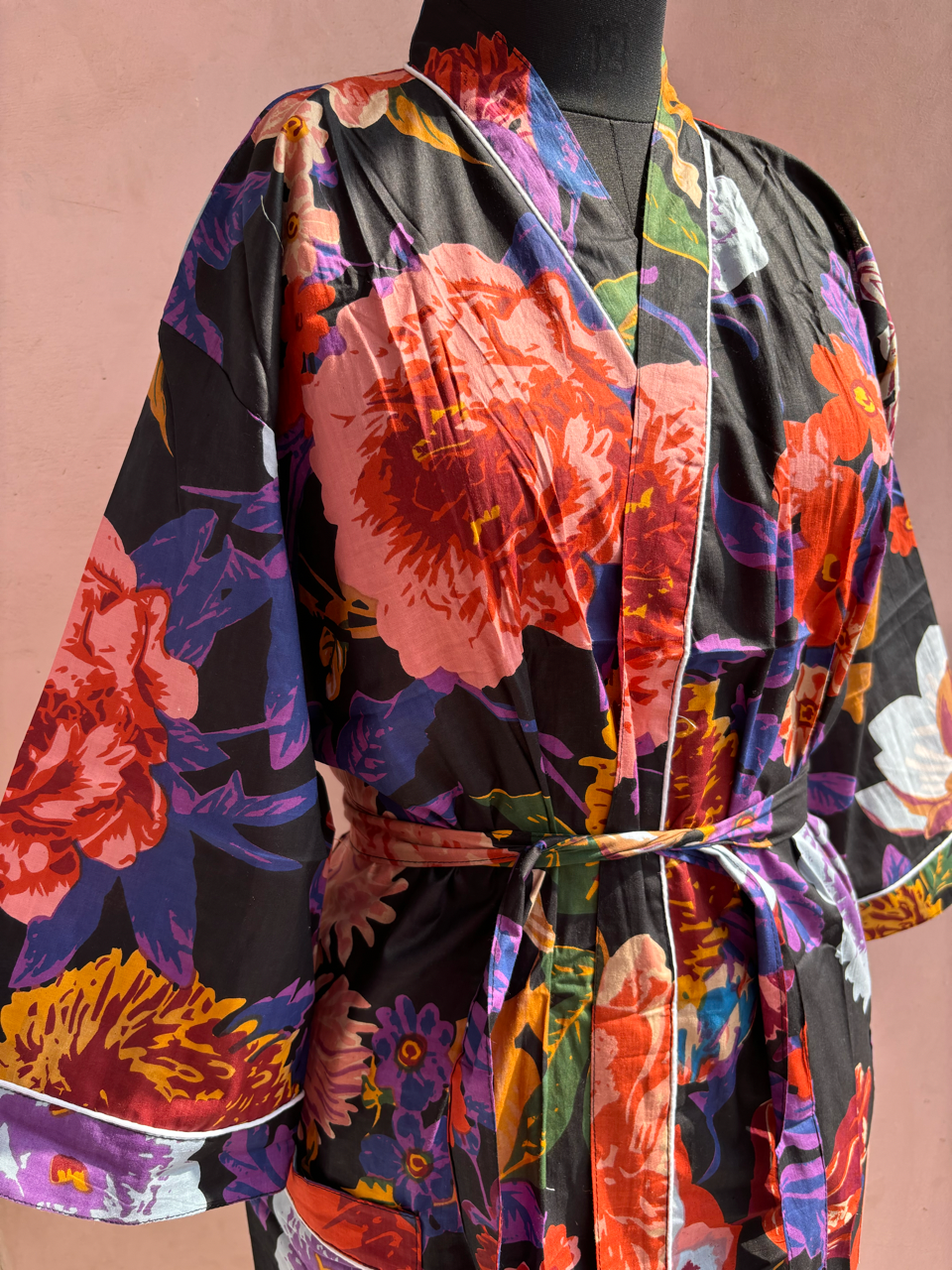 Black Garden Cotton Kimono Robe