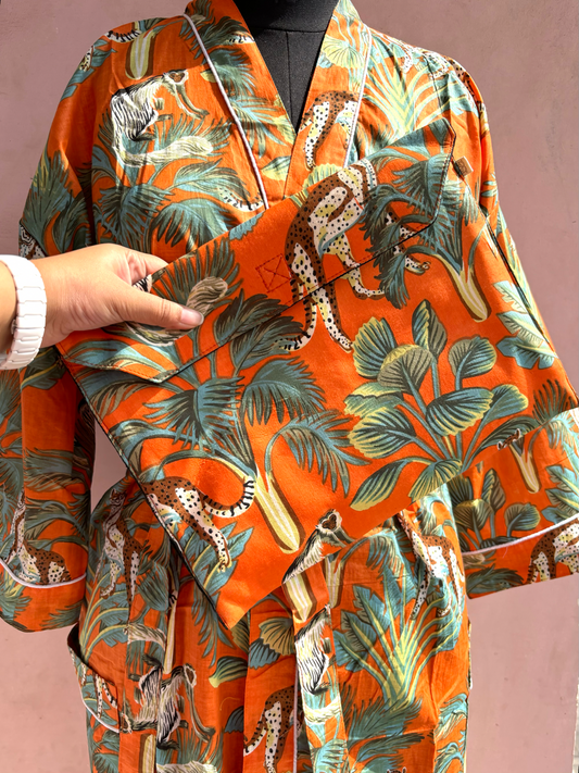 Orange Monkey Jungle Cotton Kimono Robe