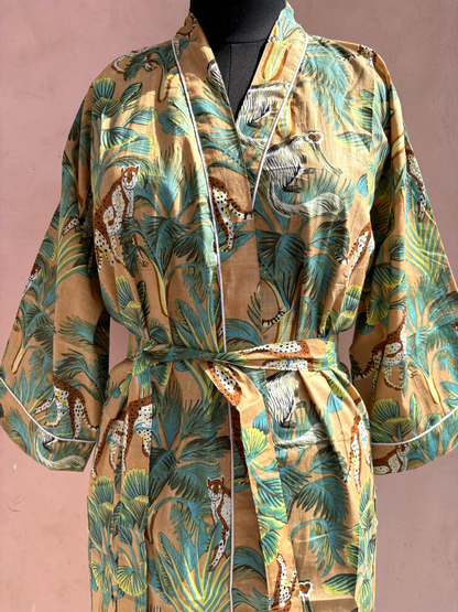 Beige Monkey Jungle Cotton Kimono Robe