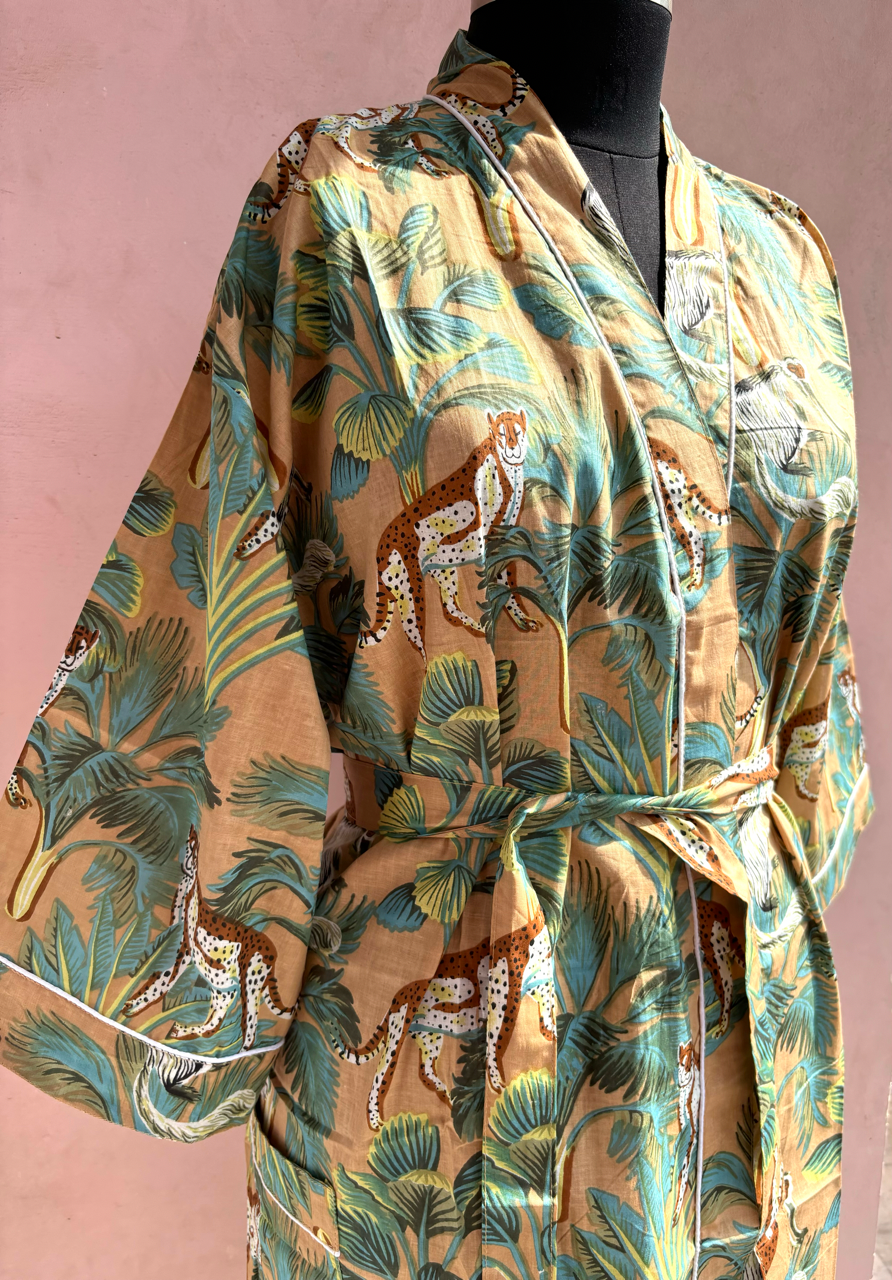 Beige Monkey Jungle Cotton Kimono Robe