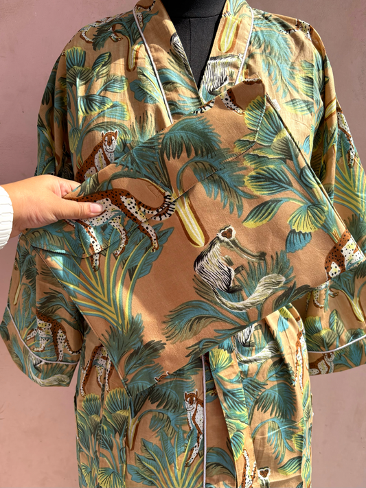 Beige Monkey Jungle Cotton Kimono Robe