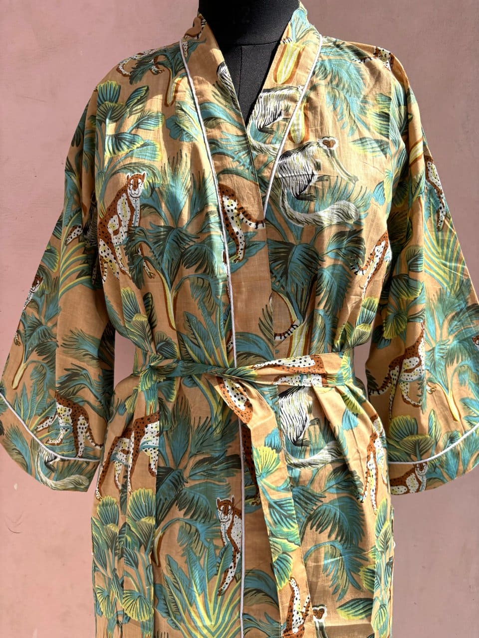 Beige Monkey Jungle Cotton Kimono Robe - LOLITHA