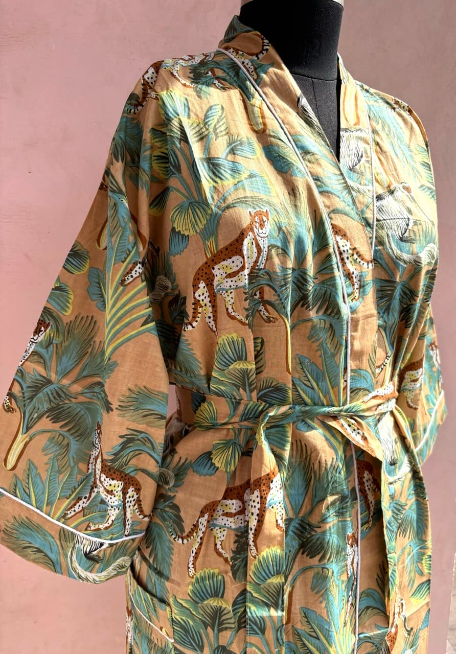 Beige Monkey Jungle Cotton Kimono Robe - LOLITHA