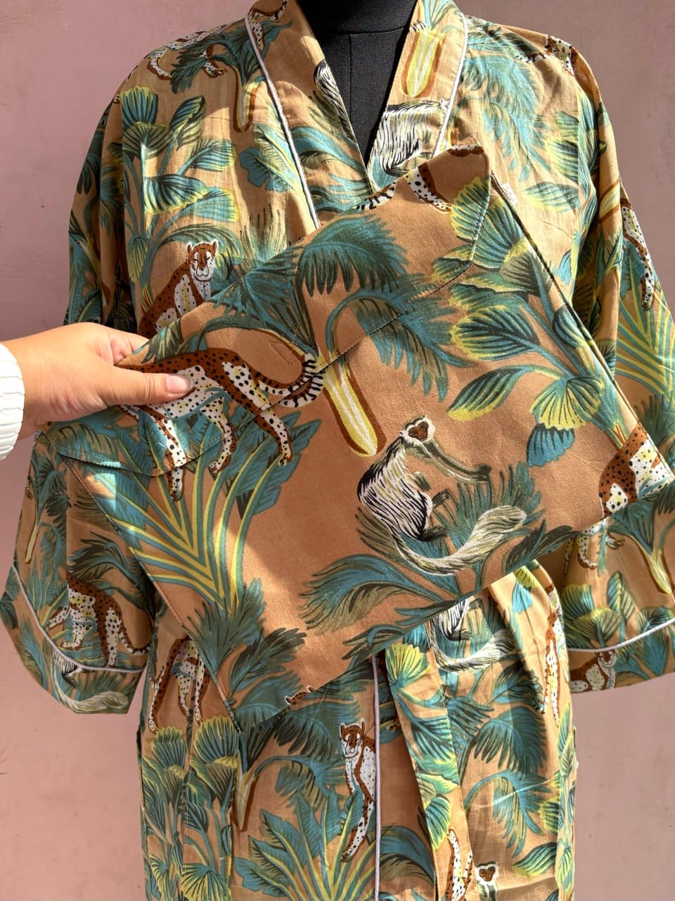 Beige Monkey Jungle Cotton Kimono Robe - LOLITHA