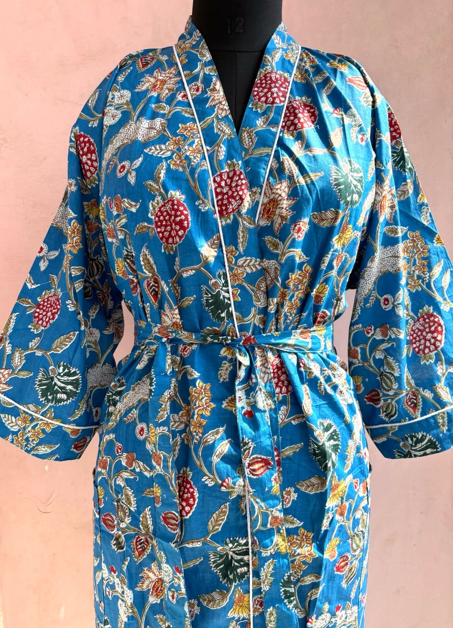 Blue Garden Cotton Kimono Robe - LOLITHA