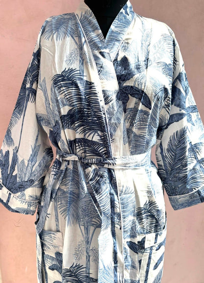 Grey Palm Cotton Kimono Robe - LOLITHA