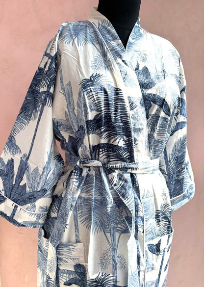 Grey Palm Cotton Kimono Robe - LOLITHA