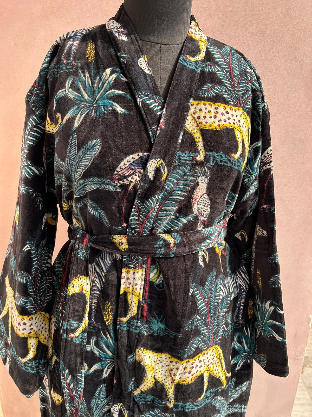 Midnight Black Jungle Velvet Kimono Robe - LOLITHA