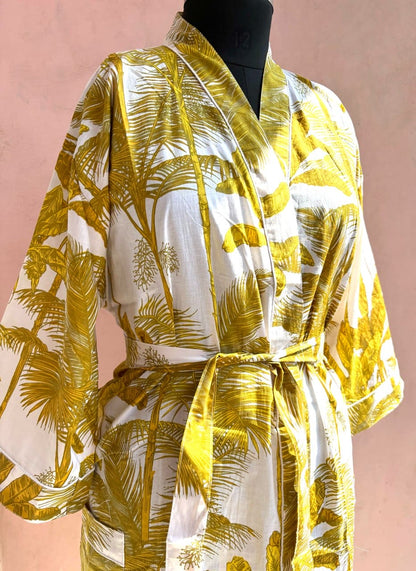 Mustard Palm Cotton Kimono Robe - LOLITHA