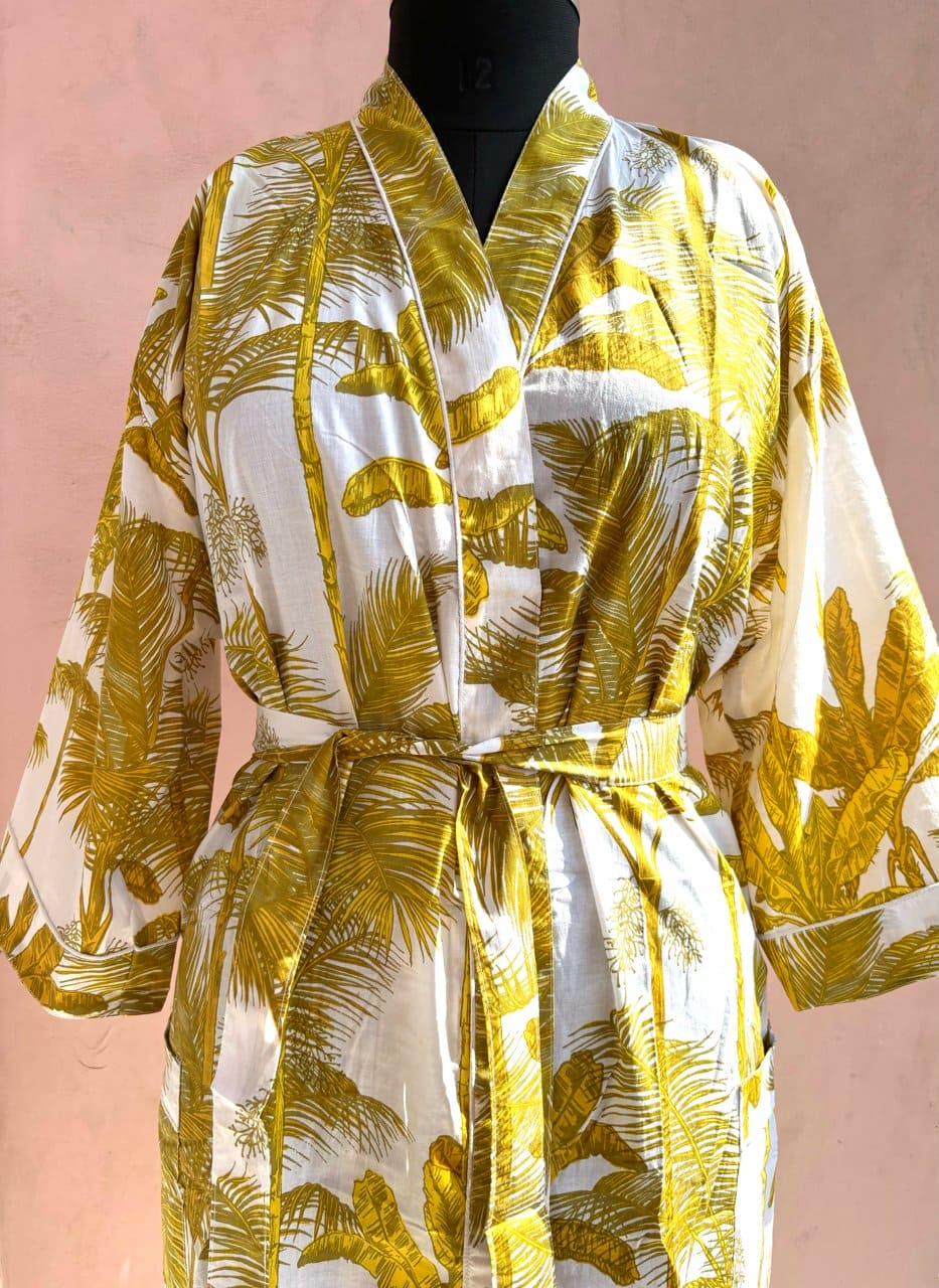 Mustard Palm Cotton Kimono Robe - LOLITHA