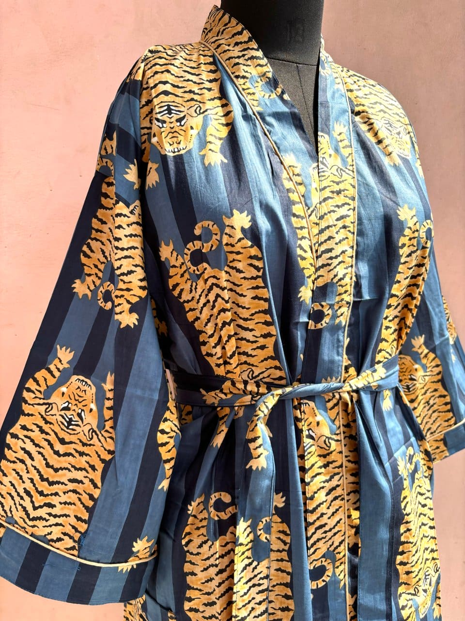 Navy Blue Leopard Cotton Kimono Robe - LOLITHA