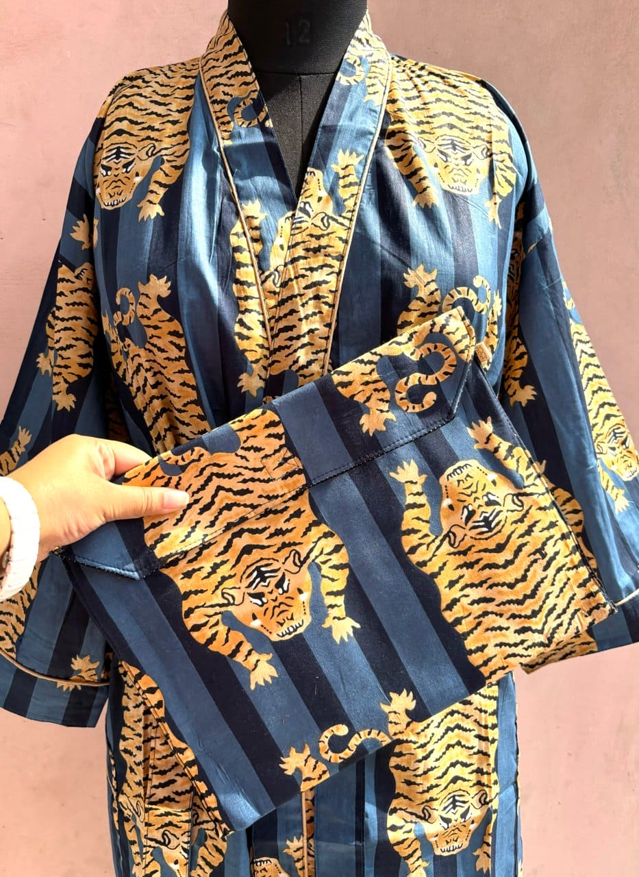 Navy Blue Leopard Cotton Kimono Robe - LOLITHA