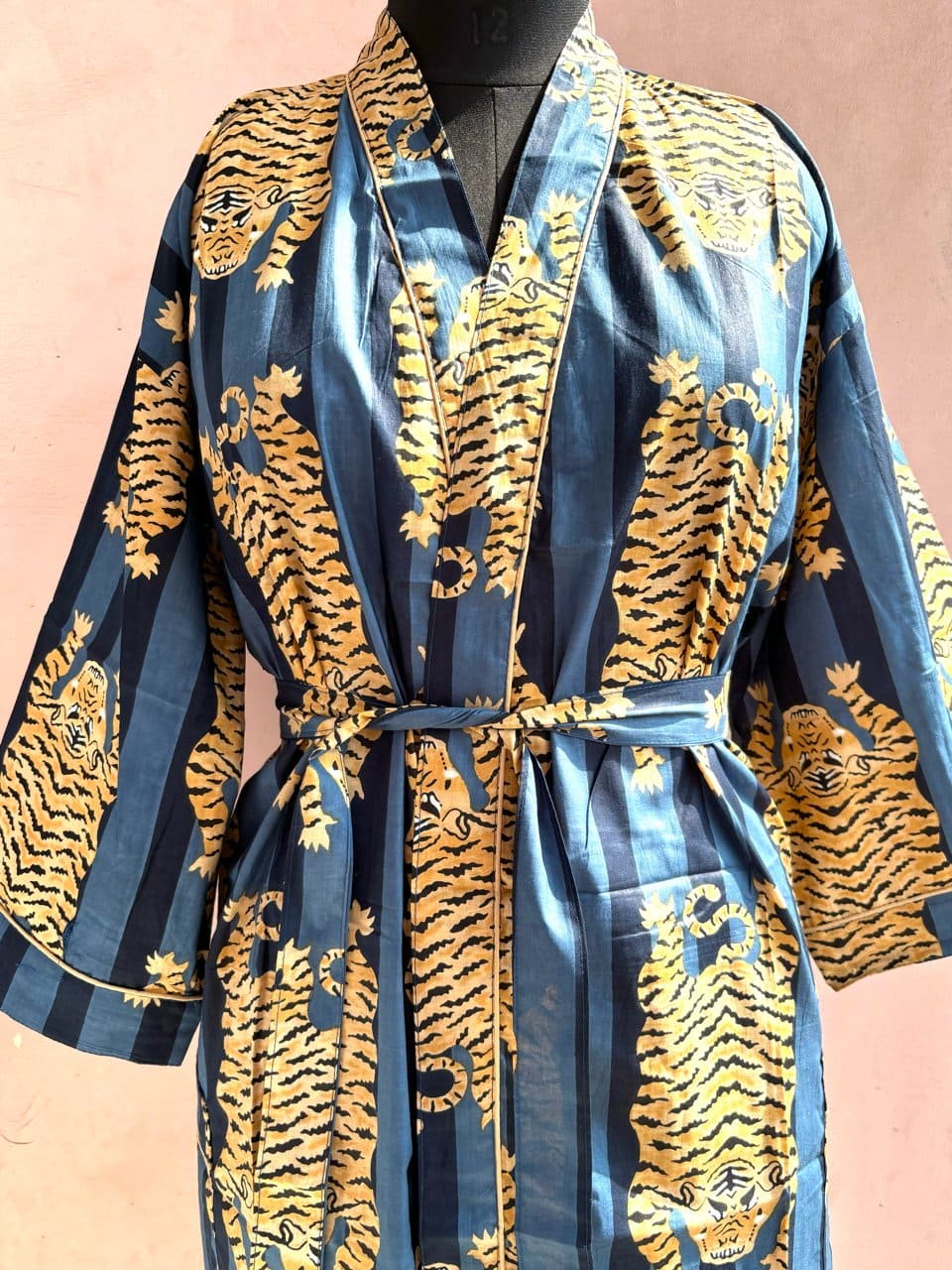 Navy Blue Leopard Cotton Kimono Robe - LOLITHA