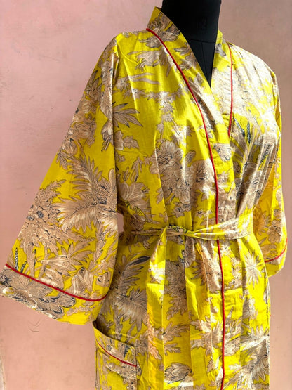 Neon Yellow Cotton Kimono Robe - LOLITHA