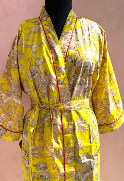 Neon Yellow Cotton Kimono Robe - LOLITHA