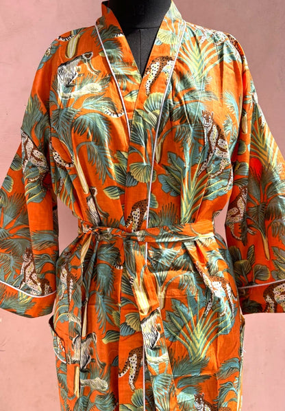 Orange Monkey Jungle Cotton Kimono Robe - LOLITHA