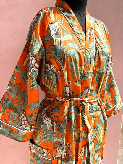 Orange Monkey Jungle Cotton Kimono Robe - LOLITHA