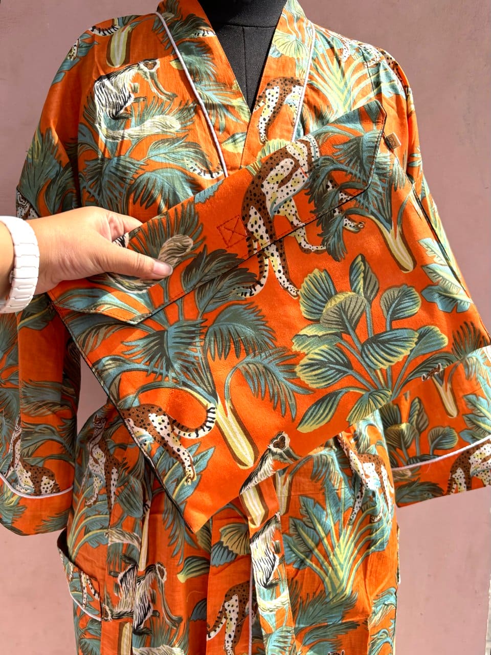 Orange Monkey Jungle Cotton Kimono Robe - LOLITHA