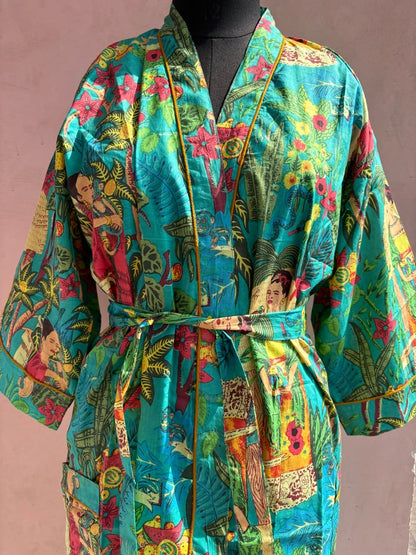 Teal Frida Cotton Kimono Robe - LOLITHA