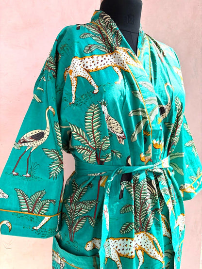 Teal Jungle Cotton Kimono Robe - LOLITHA