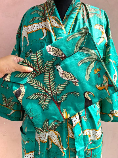 Teal Jungle Cotton Kimono Robe - LOLITHA