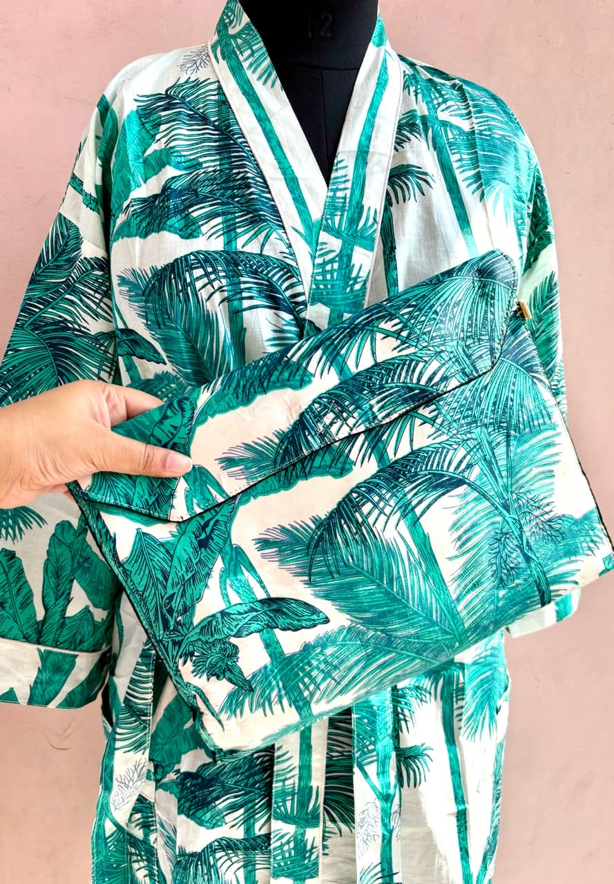 Teal Palm Cotton Kimono Robe - LOLITHA