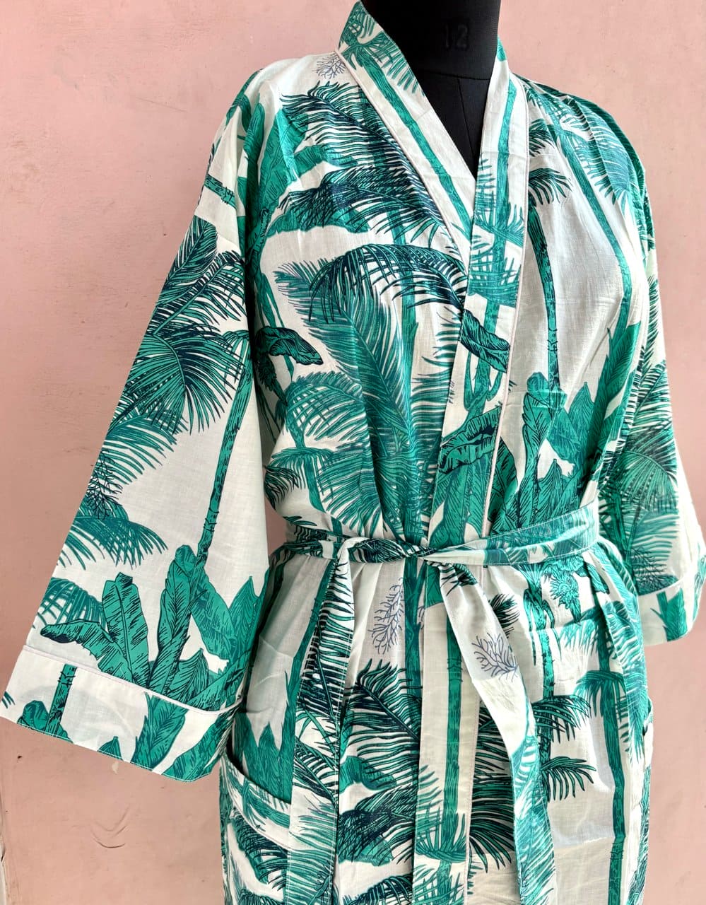 Teal Palm Cotton Kimono Robe - LOLITHA