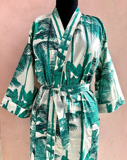 Teal Palm Cotton Kimono Robe - LOLITHA