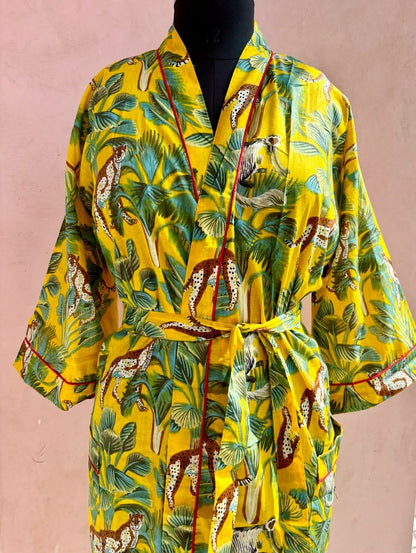 Yellow Monkey Jungle Cotton Kimono Robe - LOLITHA