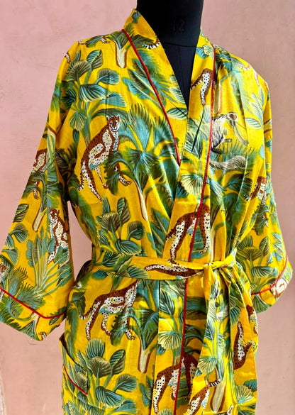 Yellow Monkey Jungle Cotton Kimono Robe - LOLITHA